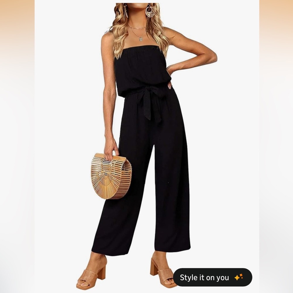 ZESICA Women’s soft & stretchy Off Shoulder Strapless Belted Wide Leg Jumpsuit